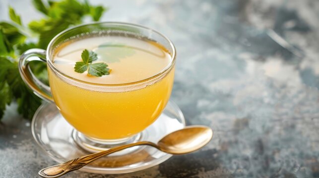 Nutritious bone broth served in a clear cup on a stand with a spoon on a bright backdrop Ample space for text