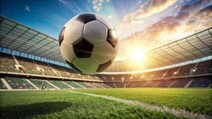 Focused closeup of soccer ball in mid-air, cleat's shadow visible on its surface, against blurred green stadium grass backdrop.