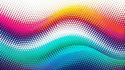 Vibrant abstract gradient wave pattern with halftone dots and textured speckles on white background, evoking retro comic book nostalgia.