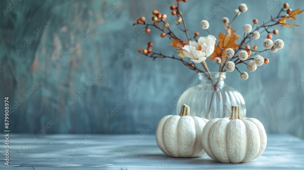 Canvas Prints Handcrafted fall decor with white pumpkins and snowberry in glass vase Space for text Floral theme