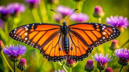 Fototapeta premium A majestic viceroy butterfly with striking orange and black wings perches on a delicate purple flower in a lush green meadow.