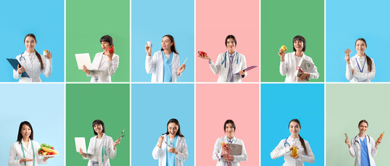 Set of female nutritionists on color background