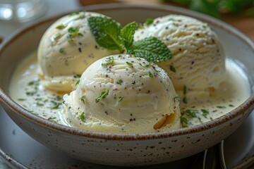 A serving of Cornish clotted cream ice cream, garnished with a sprig of mint. 