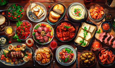 Fototapeta premium A rustic wooden table is laden with an array of dishes, including roasted shrimp, sliced bread, and various other culinary creations