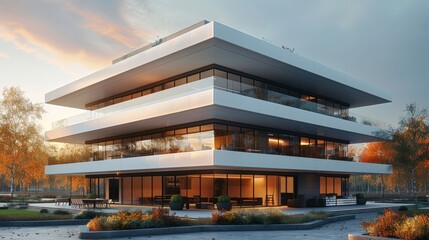 Obraz premium Glass office building at twilight with innovative design and elegant interiors, creating a minimalist atmosphere