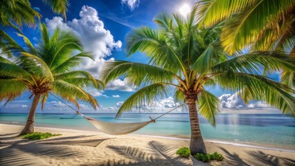 Obraz premium Serene tropical paradise featuring a deserted white sandy beach with a solitary hammock swaying gently between two palm trees.