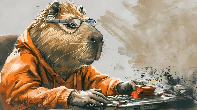 watercolor illustration of a smiling capybara dressed in a sweatshirt and viar glasses and playing a computer game highly