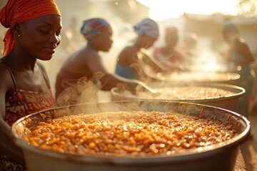 Independence Day (Nigeria). A close-up shot of a family preparing traditional Nigerian dishes, such as jollof rice and suya, to celebrate Independence Day.