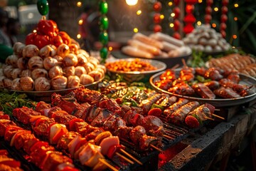Independence Day (Nigeria). An overhead shot of a backyard BBQ with red, white, and green decorations, featuring grilled meat and traditional Nigerian snacks.