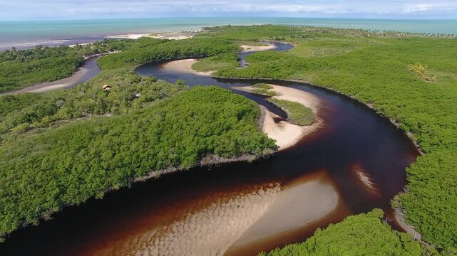 Aerial view of Corumbau River, Ponta do Corumbau Beach - Prado, Bahia, Brazil