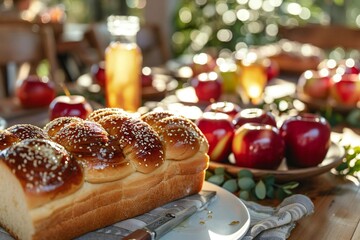 Yom Kippur. A family gathering around a table set with traditional Yom Kippur foods, such as challah bread, apples dipped in honey, and grape juice, ready to break the fast.