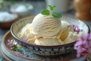 A serving of Cornish clotted cream ice cream, garnished with a sprig of mint. 
