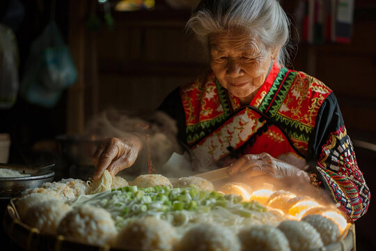 National Day (Taiwan). An elderly Taiwanese woman dressed in traditional hakka clothing, preparing homemade delicacies like mi fen (rice noodles) and savory steamed glutinous rice balls.