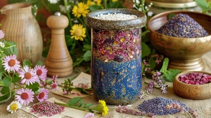 Fototapeta premium A vase brimming with various purple and yellow blossoms, positioned beside other vessels similarly adorned