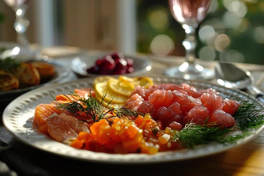 Leif Erikson Day (USA). A close-up shot of a plate of traditional Nordic food, such as pickled herring or lingonberry jam, to celebrate Erikson's Scandinavian heritage.