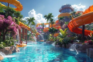 Water Fun people having fun water park, slides, pools, water games.