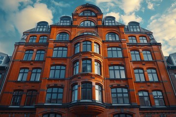 Fototapeta premium This image features a vintage retro building with a stunning red brick facade, arched windows, and intricate architectural details. The sky above is partly cloudy, adding to the historic charm.