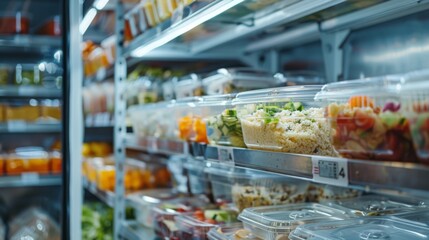 Freezer shelves at grocery store stocked with food and drinks. Interior view captures glass fridge