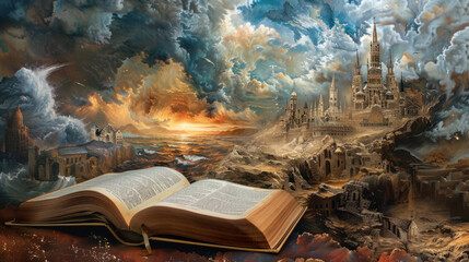 Bible illustration with biblical events in background.