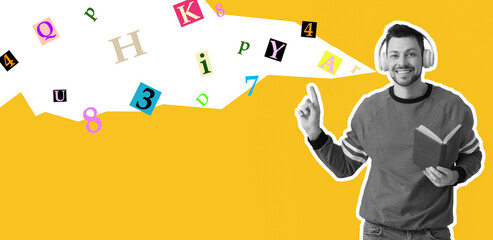 Man with headphones and book pointing at something on color background