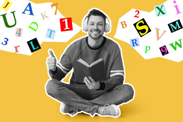 Man with headphones and book showing thumb-up on color background