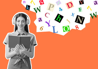 Young woman with headphones and book on color background