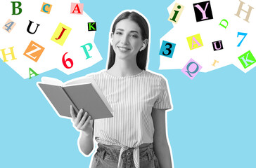 Young woman with earphones and book on color background