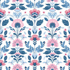 Blue and pink floral wallpaper, repeating seamless pattern, 18th Century textile design