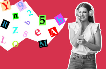 Young woman listening to audiobook on color background