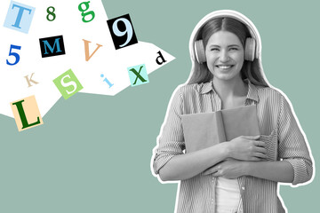 Young woman listening to audiobook on color background