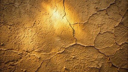 Close-up of rough, weathered, earth-toned stucco wall with subtle cracks and fissures, illuminated by warm, soft, natural light.