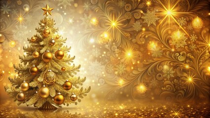 Luxurious golden elements adorned festive Christmas background with magnificently decorated tree branches and ornate ornaments in regal style arrangement.