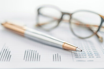 Pen and glasses on printed papers with the financial indicators of the company, preparing a tax report