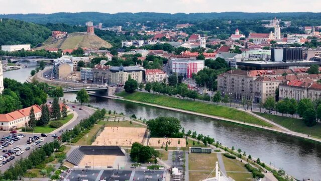 Vilnius, Lithuania. Aerial 4K footage of city center next to Neris river. Drone video