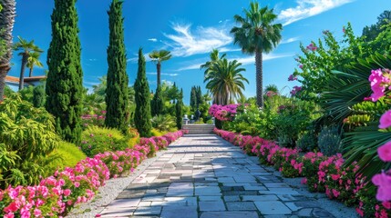 Fototapeta premium Stock photo of resort garden in summer with pink flowers