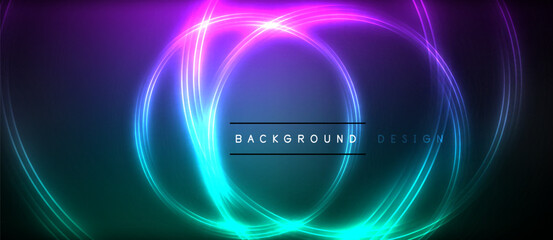 Neon glowing circle rays, light round lines in the dark, planet style neon wave lines. Energetic electric concept design for wallpaper, banner, background