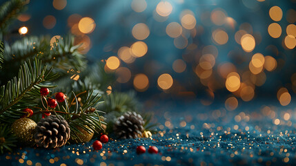 Christmas garland bokeh lights over a dark blue background is an idea for holiday illumination and décor.