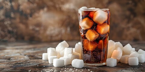 Visual representation of high sugar content through sugar cubes next to soda glass. Concept High Sugar Content, Sugar Cubes, Soda Glass, Visual Representation, Health Awareness