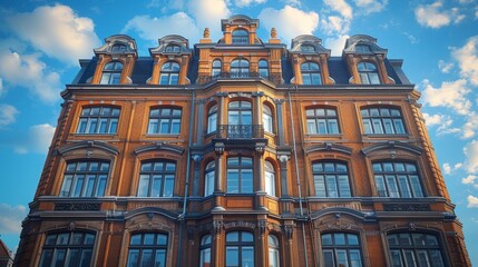 Fototapeta premium A remarkable vintage building boasts intricate architecture, expansive windows, and elegant balconies against a clear blue sky with fluffy clouds, captivating a sense of nostalgia and history