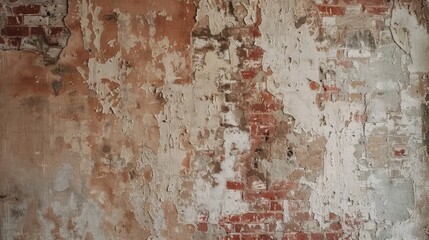 Damaged plaster on red bricks house wall close up shot empty room Distressed texture wallpaper background