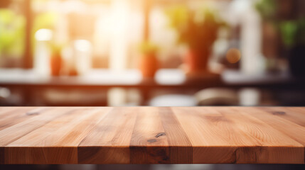 Wooden table on blurred kitchen bench background. Empty wooden table and blurred kitchen background
