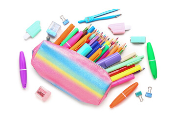 Pencil case with different stationery on white background