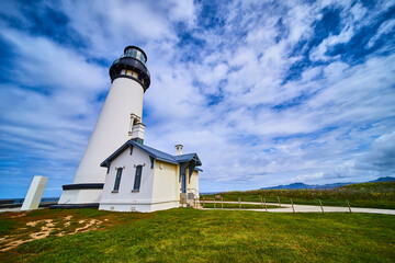 Yaquina Head Lighthouse with Keeper's House and Skyward Perspective