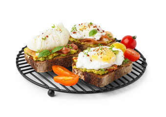 Grid of tasty sandwiches with egg on white background