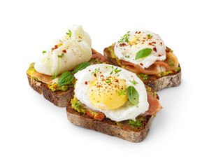 Tasty sandwiches with egg on white background