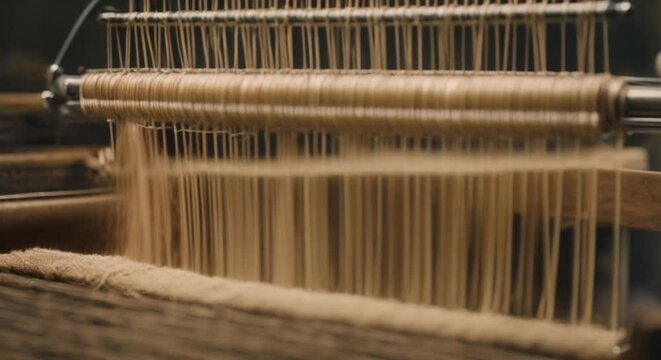 Closeup of a loom in a zero waste textile mill repurposing hemp and silk ss into new fabric 4k animation