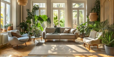 Fototapeta premium Modern living room with hardwood floors, abundant greenery, and comfortable seating. Concept Home Decor, Interior Design, Modern Living Room, Greenery, Comfortable Seating