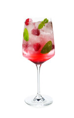 Glass of fresh raspberry mojito on white background