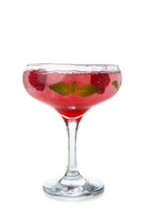 Glass of fresh raspberry mojito on white background