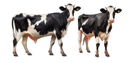 Black and white striped milk cow isolated on a transparent background